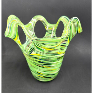 Murano Art Glass WINDOW VASE W Gold Swirl Flecks - Large - Gorgeous - Fluted